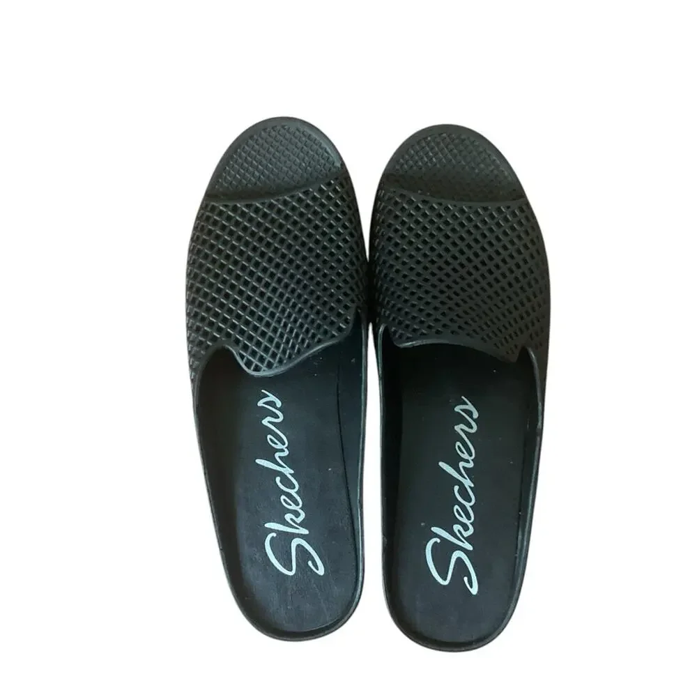 Skechers Cali Glitz Black‎ Open Toe Perforated Eyelet Slip On Wedge Sandal 9
